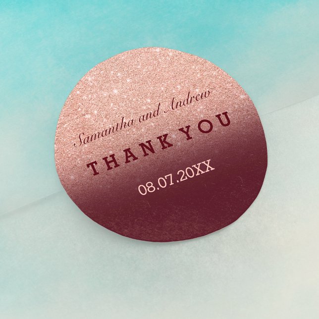 Rose gold faux glitter burgundy ombre Thank you Classic Round Sticker (Creator Uploaded)