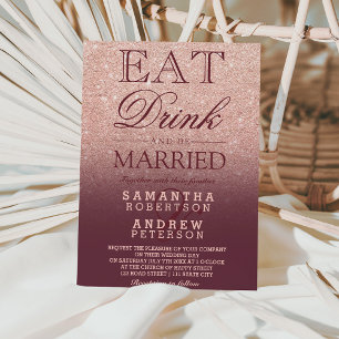 Rose gold faux glitter burgundy script wedding invitation