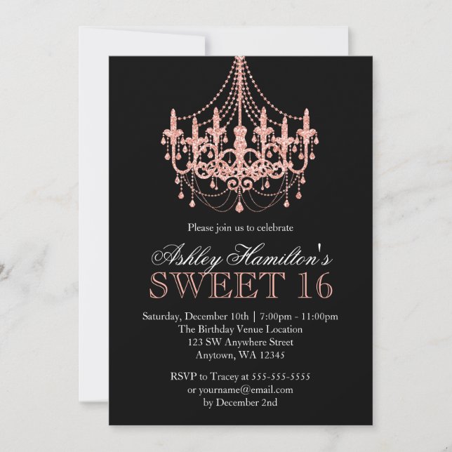 Rose Gold Faux Glitter Chandelier Sweet 16 Invitation (Front)