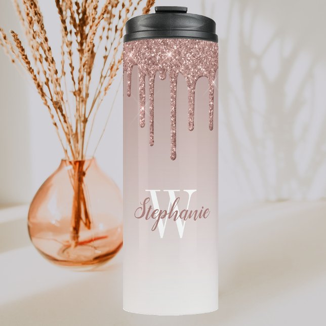 Rose Gold Faux Glitter Drip Sparkle Ombre Monogram Thermal Tumbler (Creator Uploaded)