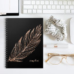 Rose Gold Faux Glitter Feather Personalised Notebook<br><div class="desc">Chic notebook features a glittering,  delicate rose gold feather on a black background. Customise with a name or text of your choice,  or just delete the text field to leave blank. PLEASE NOTE: glitter is a digital image,  not actual glitter.</div>