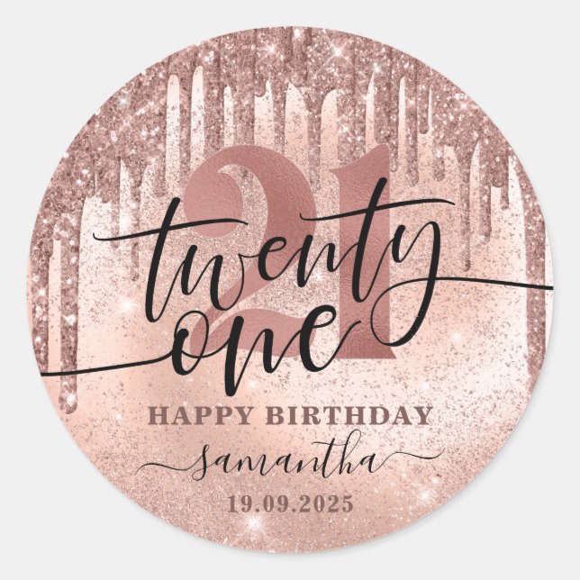 Rose Gold Faux Glitter & Foil 21st Birthday   Classic Round Sticker (Front)