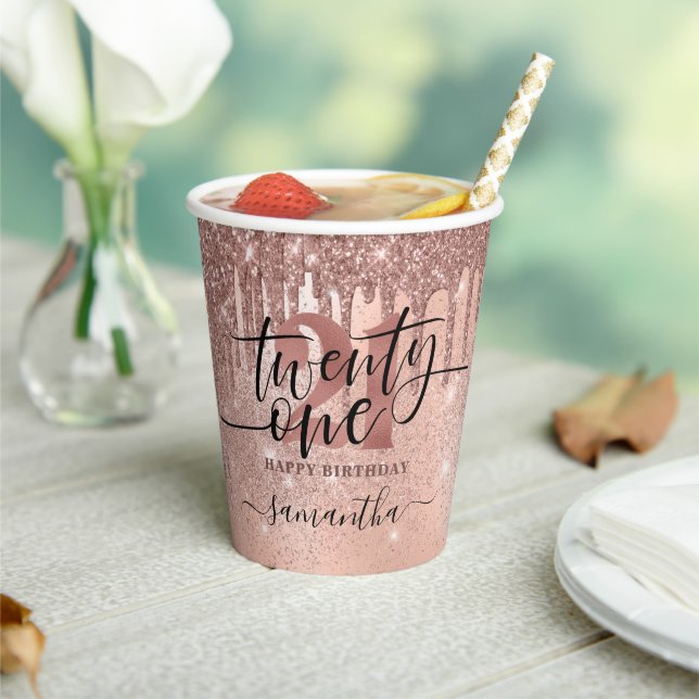 Rose Gold Faux Glitter & Foil 21st Birthday  Paper Cups (Insitu)