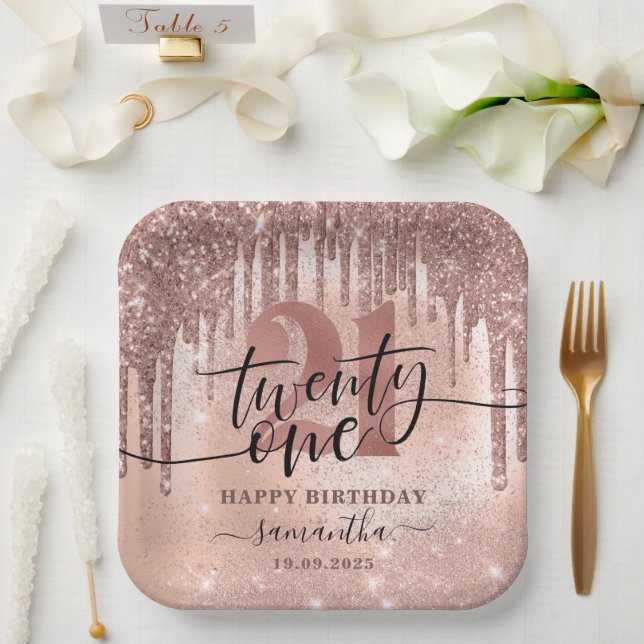 Rose Gold Faux Glitter & Foil 21st Birthday Party  Paper Plate (Wedding)