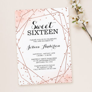 Rose Gold Faux Glitter Geometric Sweet 16 Birthday Invitation