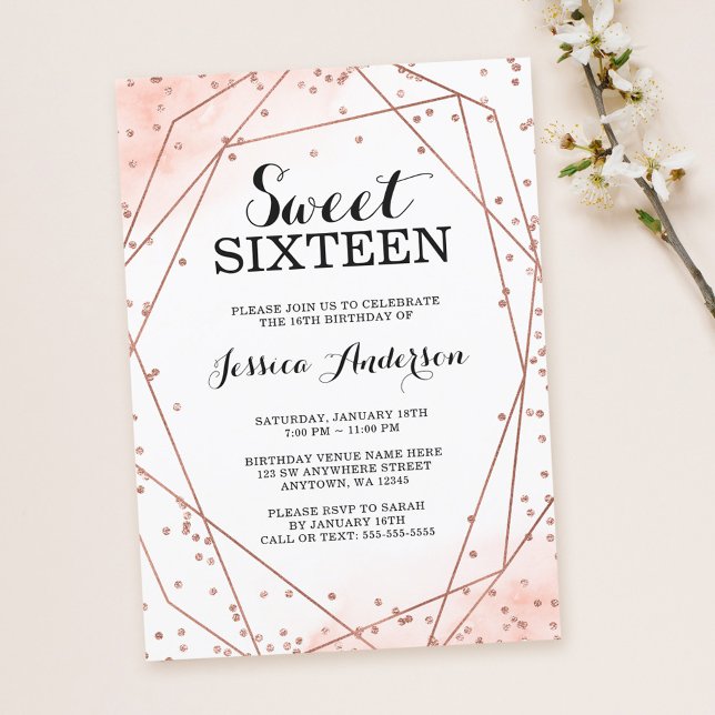 Rose Gold Faux Glitter Geometric Sweet 16 Birthday Invitation (Creator Uploaded)