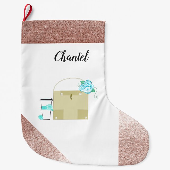 Rose Gold Faux Glitter Girl Theme Large Christmas Stocking (Front)