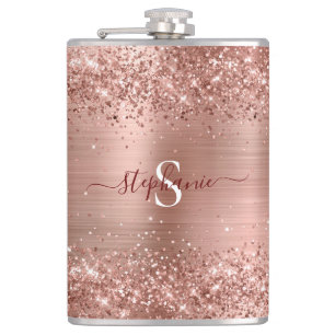 Rose Gold Faux-Glitter Girly Glam Monogram Hip Flask