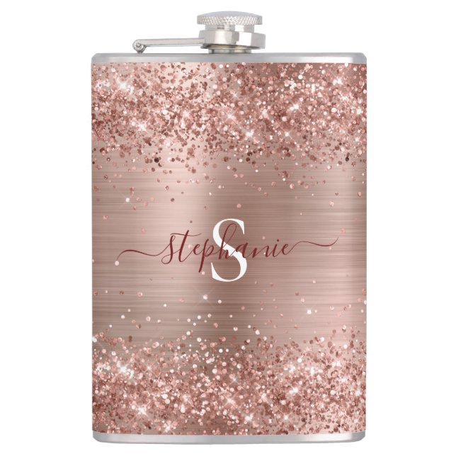 Rose Gold Faux-Glitter Girly Glam Monogram Hip Flask (Front)