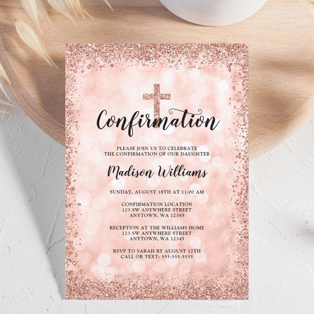Rose Gold Faux Glitter Lights Confirmation Invitation (Creator Uploaded)