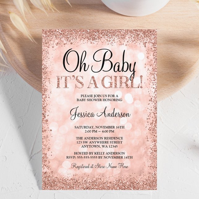 Rose Gold Faux Glitter Lights Girl Baby Shower Invitation (Creator Uploaded)