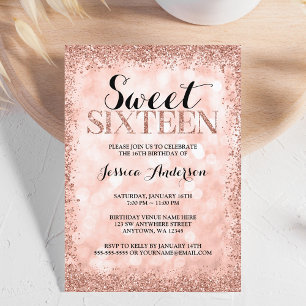Rose Gold Faux Glitter Lights Sweet 16 Birthday Invitation