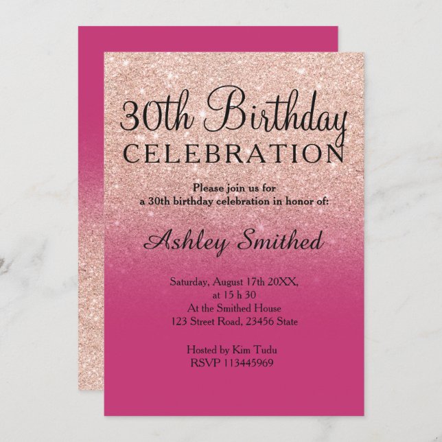 Rose gold faux glitter magenta ombre 30th birthday invitation (Front/Back)