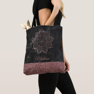 Rose Gold Faux Glitter Mandala on Black Marble Tote Bag