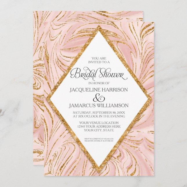 Rose Gold Faux Glitter Marble Blush Bridal Shower Invitation (Front/Back)
