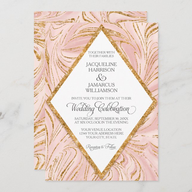 Rose Gold Faux Glitter Marble Blush Paper Wedding Invitation (Front/Back)