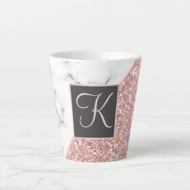 Rose Gold Faux Glitter Marble Monogrammed Latte Mug (Front)