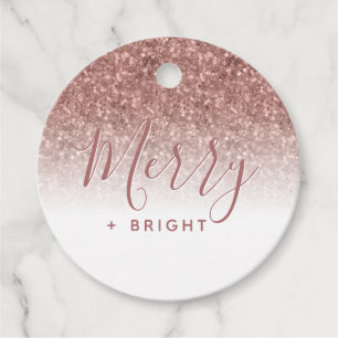 Rose Gold Faux Glitter Merry Bright Pink Christmas Favour Tags