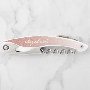 Rose Gold Faux Glitter Ombre Personalised Script Corkscrew