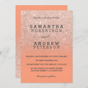 Rose gold faux glitter peach ombre wedding invitation