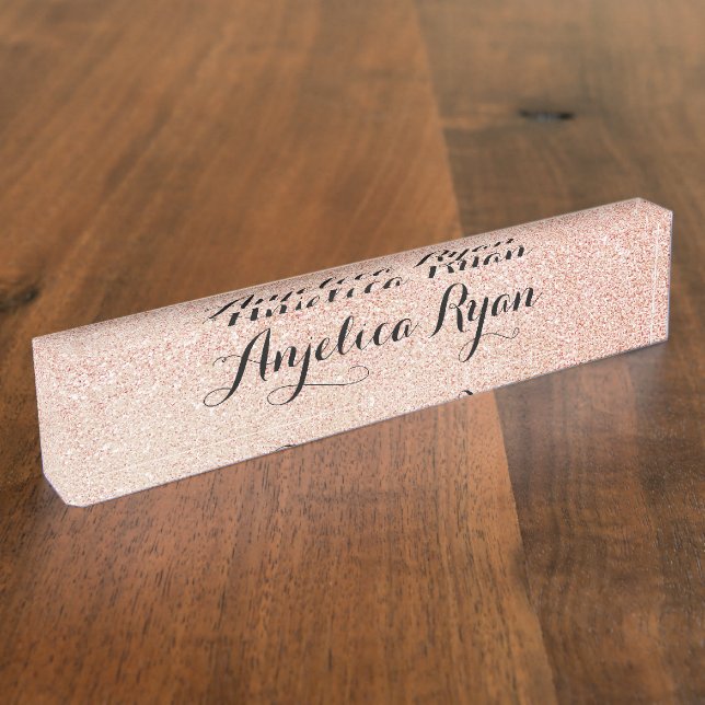 Rose Gold Faux Glitter Personalized Black Script Nameplate (Side)