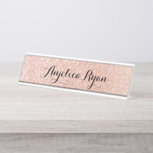 Rose Gold Faux Glitter Personalized Script Name Desk Name Plate
