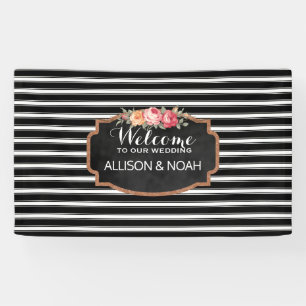 Rose Gold Faux Glitter Pink Floral Stripes Wedding Banner