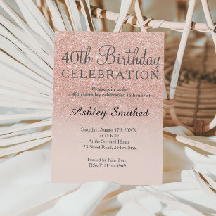 Rose gold faux glitter pink ombre 40th birthday invitation