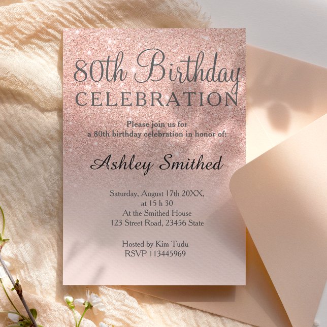Rose gold faux glitter pink ombre 80th birthday invitation (Creator Uploaded)