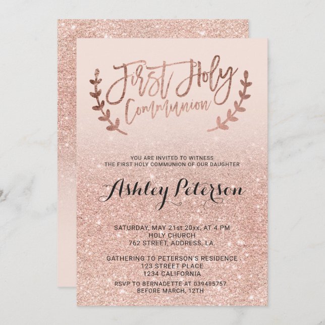 Rose gold faux glitter pink ombre first communion invitation (Front/Back)