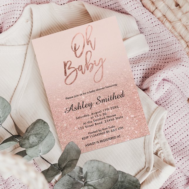 Rose gold faux glitter pink ombre Oh baby shower Invitation (Creator Uploaded)