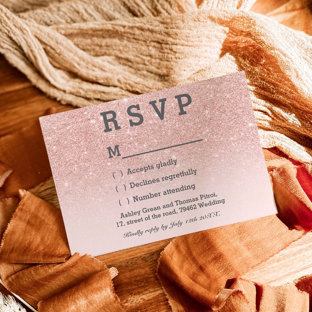 Rose gold faux glitter pink ombre RSVP wedding (Creator Uploaded)