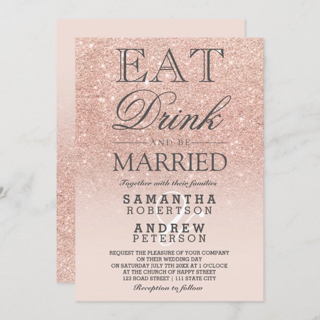 Rose gold faux glitter pink ombre script wedding invitation (Front/Back)