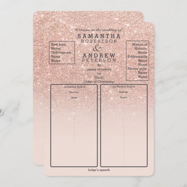 Rose gold faux glitter pink ombre wedding program invitation (Front/Back)