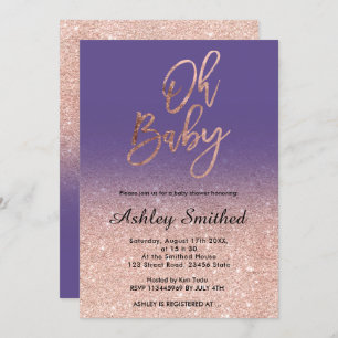 Rose gold faux glitter purple ombre Oh baby shower Invitation