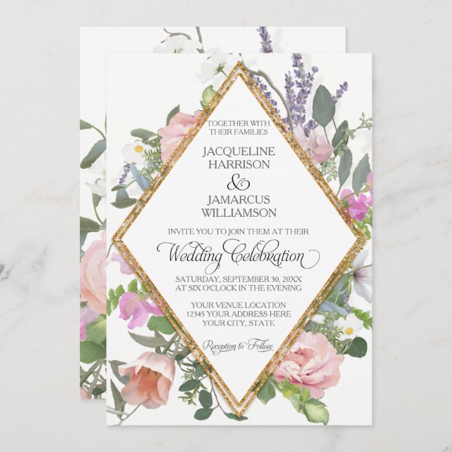 Rose Gold Faux Glitter Romantic Painted Floral Art Invitation (Front/Back)