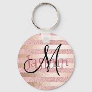 Rose Gold Faux Glitter& Rose Gold Foil Stripes Key Ring