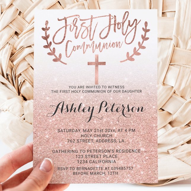 Rose gold faux glitter white ombre first communion invitation (Creator Uploaded)