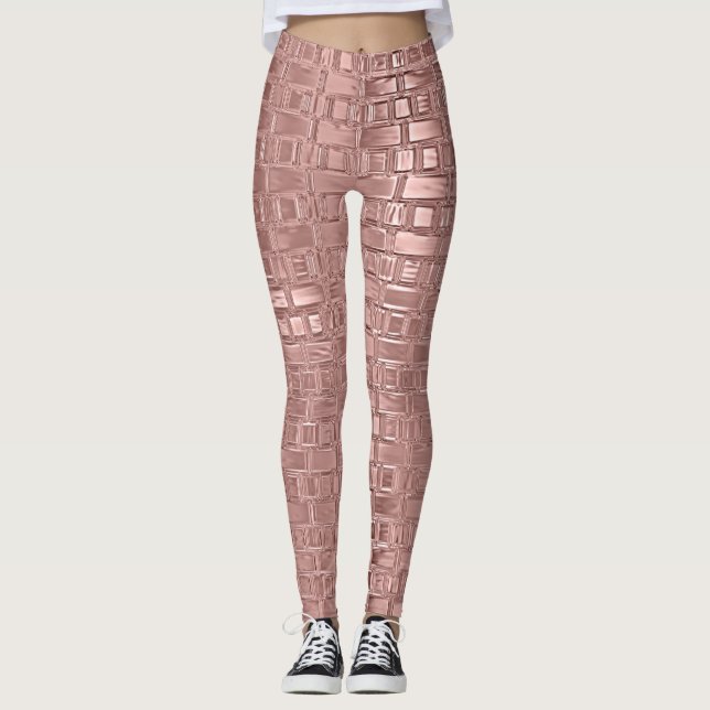 Rose Gold Faux Metallic Geometric Brick Patterned Leggings (Front)