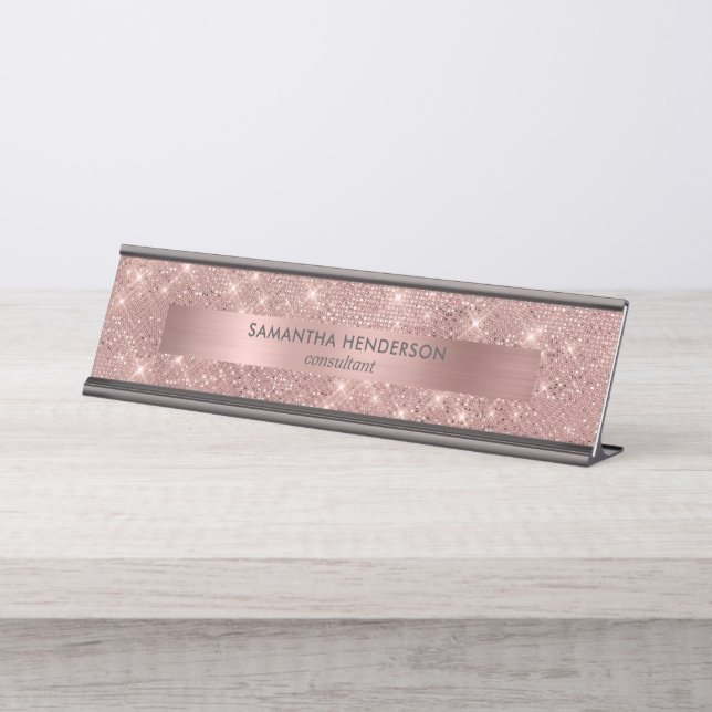 Rose Gold Faux Shimmer and Foil Desk Name Plate (Front)