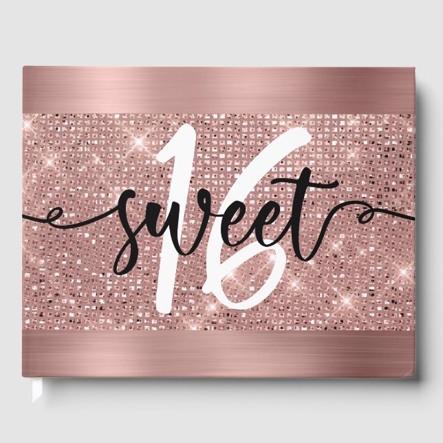 Rose Gold Faux Shimmer & Foil Sweet 16 Guest Book (Front)