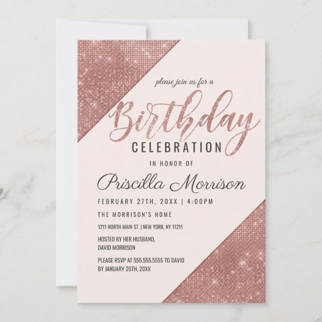 Rose Gold Faux Sparkling Glitter Sequin Birthday Invitation (Front)