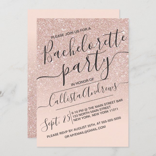 Rose Gold Faux Sparkly Glitter Ombre Bachelorette Invitation (Front/Back)