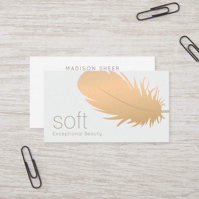 Rose Gold Feather Aesthetician Skincare Business Card (Front/Back In Situ)