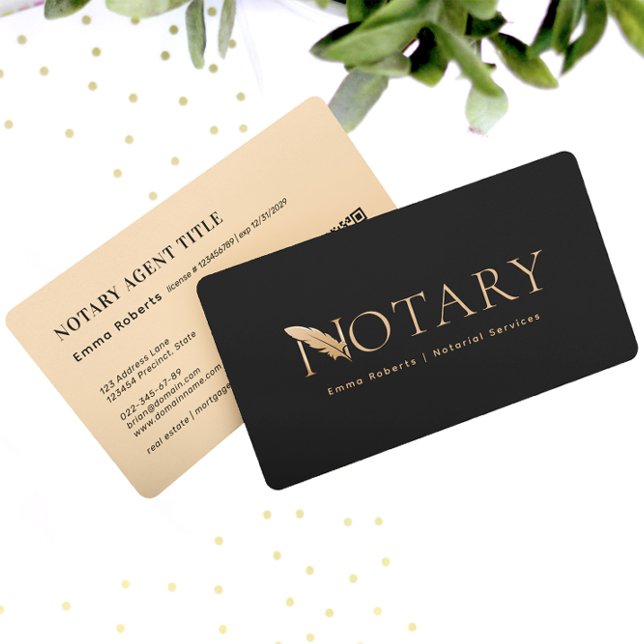 Rose Gold Feather Pen Logo N Notary QR Code Business Card (Creator Uploaded)