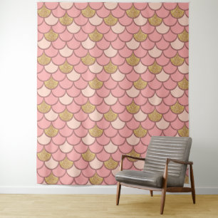 Rose gold fish scale pattern with glitter effect tapestry