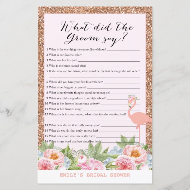 Rose Gold Flamingo Bridal Shower Game PRINTED (Front)