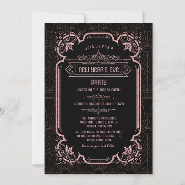 Rose Gold Fleur-de-lis Art Deco New Year’s Eve Invitation (Front)