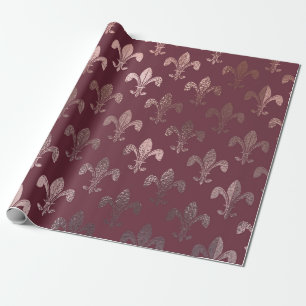Rose Gold Fleur-de-Lis Pattern on Burgundy Wrapping Paper