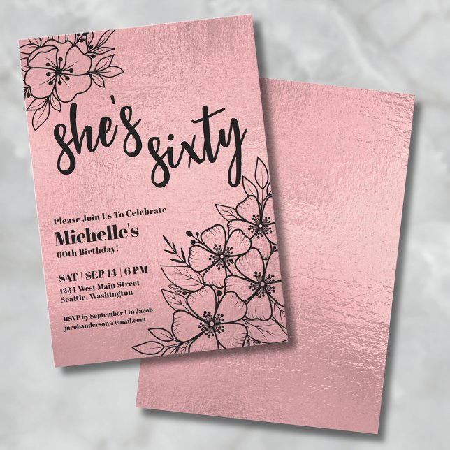 Rose Gold Floral 60th Birthday Party Invitation (Rose Gold Pink Floral 60th Birthday Party Invitation)